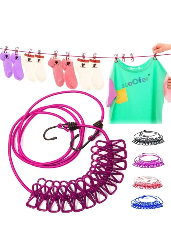 Multi Functional Drying Rope with 12 Clips and 2 Hooks Multicolor